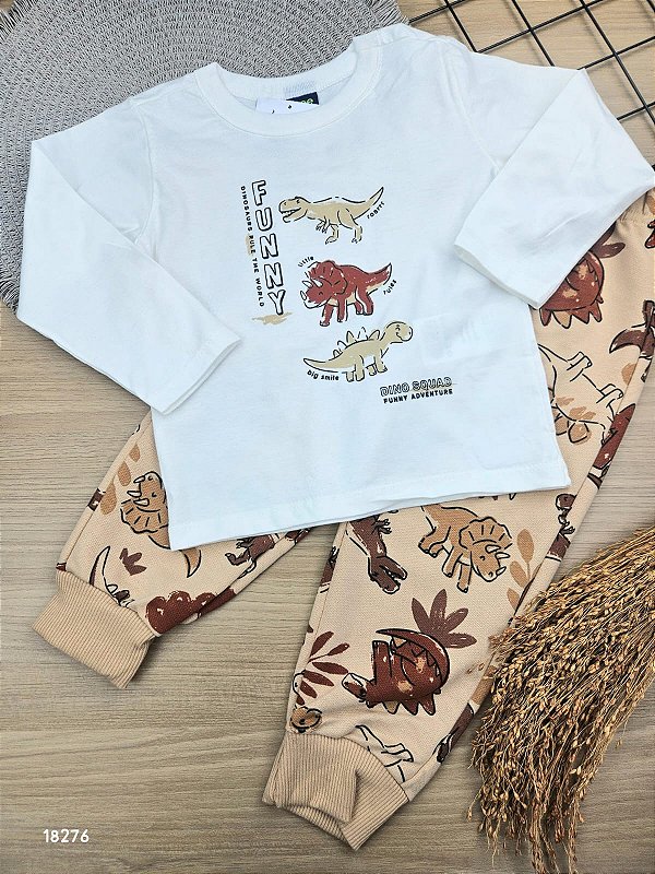 Conjunto Camiseta Meia Malha e Calça em Moletom Dino Bee Loop