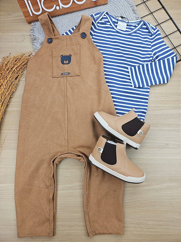 Conjunto Body Manga Longa E Jardineira Alca Bege Escuro Lucboo