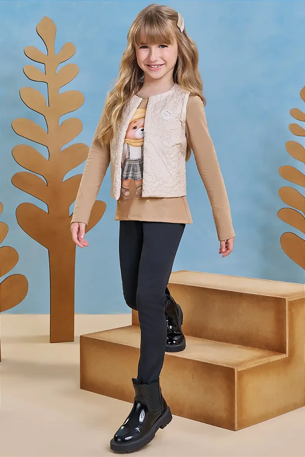 Trio de Blusa Alongada em Cotton Colete em Matelassê Flores e Calça Legging em Fly Tech Infanti Infantil Menina