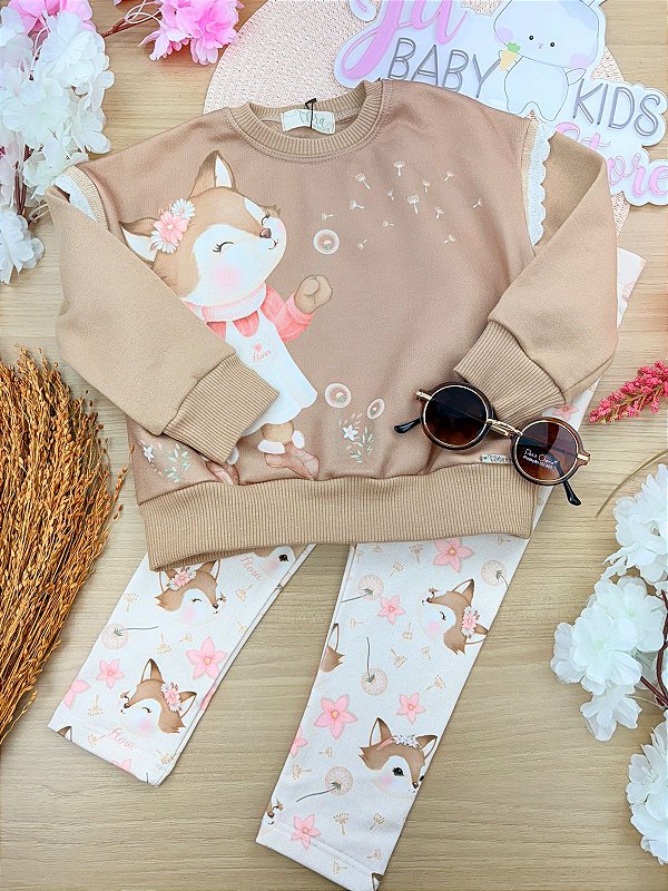 Conjunto de Blusão em Moletom com Pelúcia e Calça Legging em Termoskin Peluciado Infanti Infantil Menina