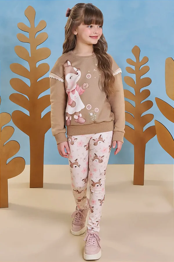 Conjunto de Blusão em Moletom com Pelúcia e Calça Legging em Termoskin Peluciado Infanti Infantil Menina
