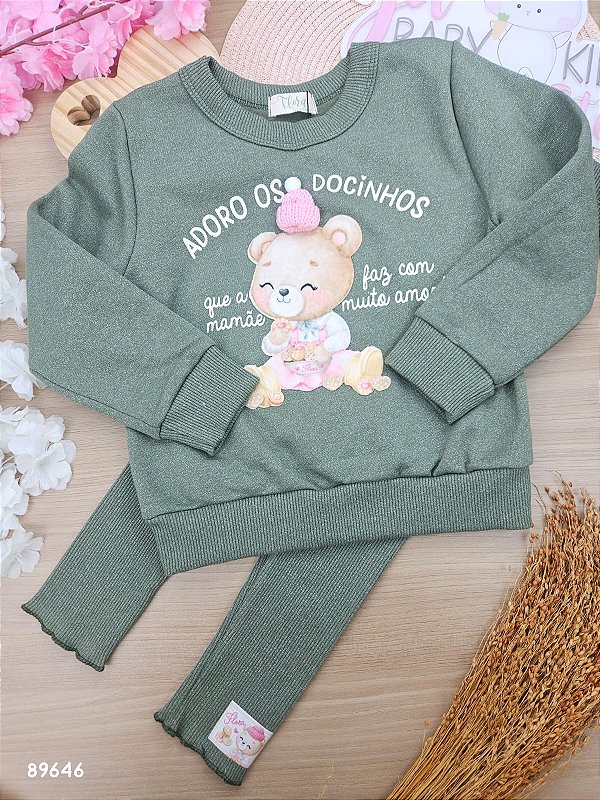 Conjunto Blusão Manga Longa Legging Verde Militar Infanti