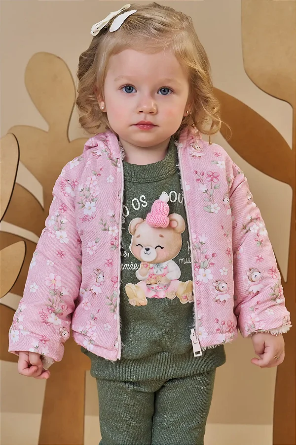 Conjunto de Blusão em Moletom Diferenciado com Pelúcia e Calça Legging em Ribana Canelada Infanti Bebê Menina