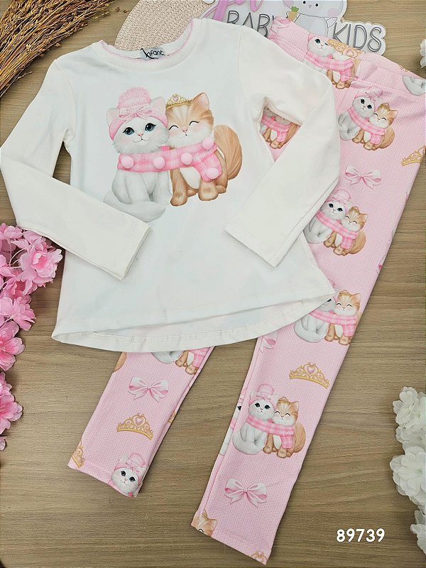 Conjunto de Blusa Alongada em Cotton e Calça Legging em Molecotton Gatinha Infanti