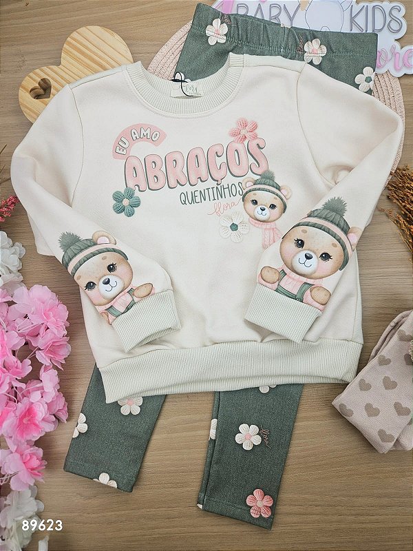 Conjunto de Blusão em Moletom com Pelúcia e Calça Legging em Termoskin Peluciado Infanti Infantil Menina
