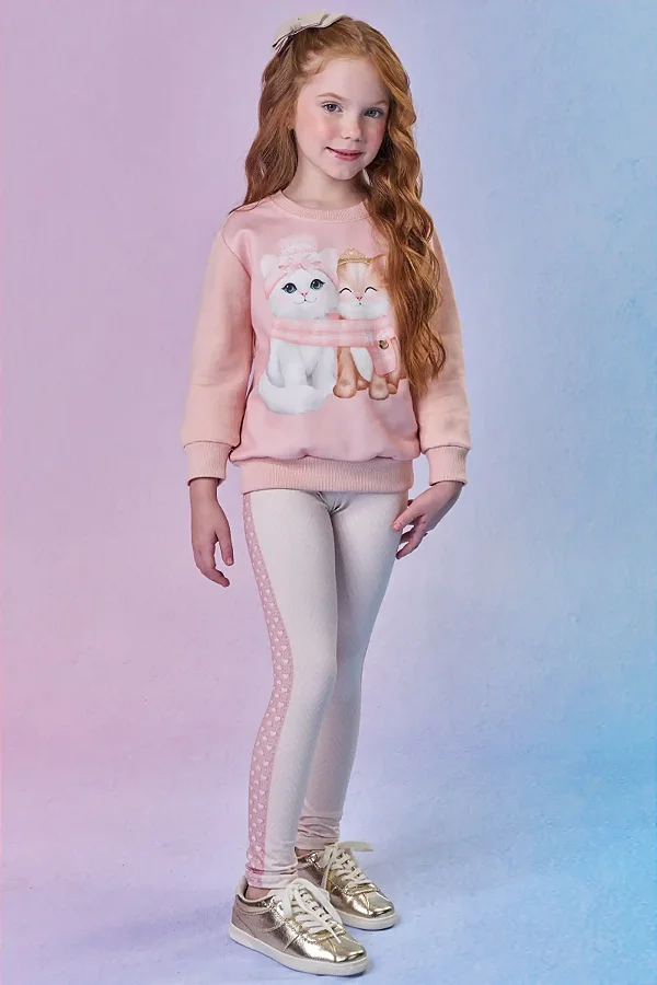 Conjunto de Blusão em Moletom com Pelúcia e Calça Legging em Termoskin Peluciado Infanti Infantil Menina