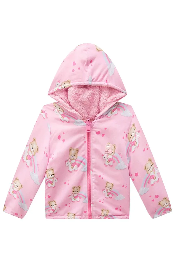 Jaqueta Reversível em Nylon e Pelo Carneirinho Dublado Infanti Bebê Menina