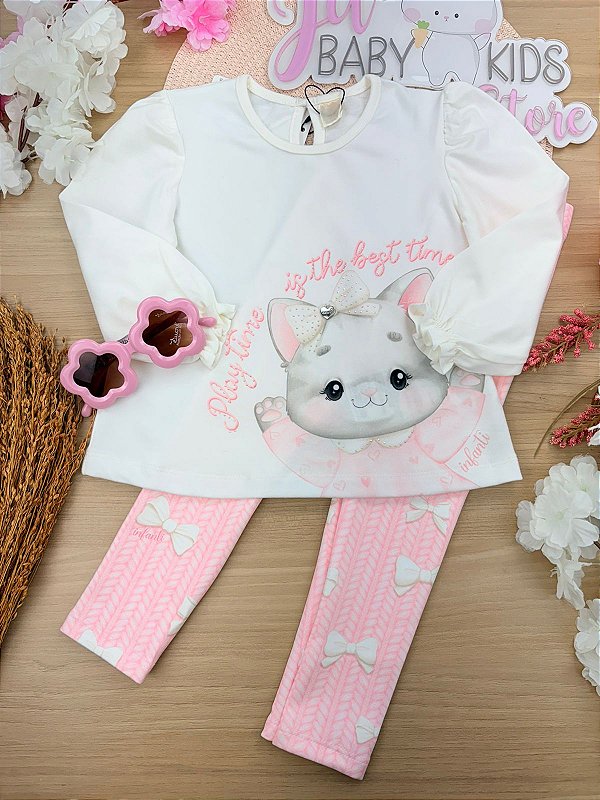 Conjunto de Bata em Meia Malha com Calça Legging em Fly Tech Infanti Bebê Menina