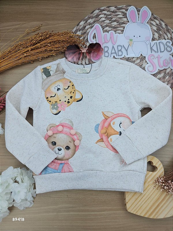 Blusão Em Moletom Linho 3 Cabos Com Pelúcia Bege Claro Infanti