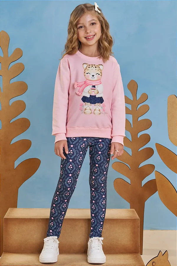 Conjunto de Blusão em Moletom sem Pelúcia e Calça Legging em Molecotton Infanti Infantil Menina