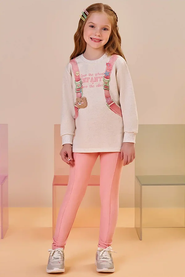 Conjunto de Blusão em Moletom Linho sem Pelúcia e Calça Legging em Moletwill Infanti Infantil Menina