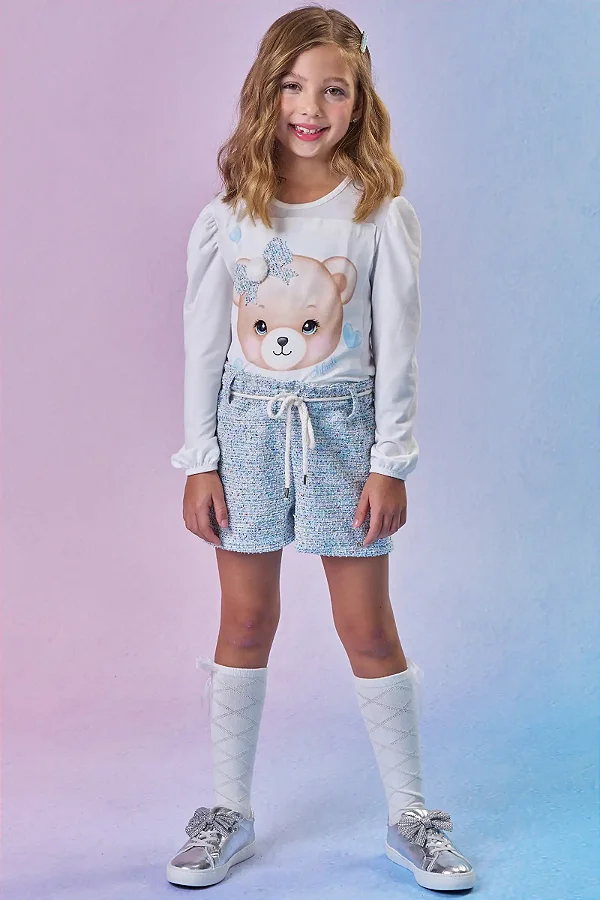 Conjunto de Blusa em Malha Comfy e Shorts em Malha Tweed Colorida Infanti Infantil Menina