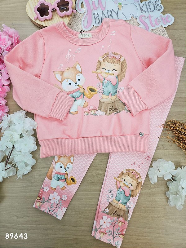 Conjunto de Blusão em Moletom com Pelúcia e Calça Legging em Termoskin Peluciado Infanti Bebê Menina