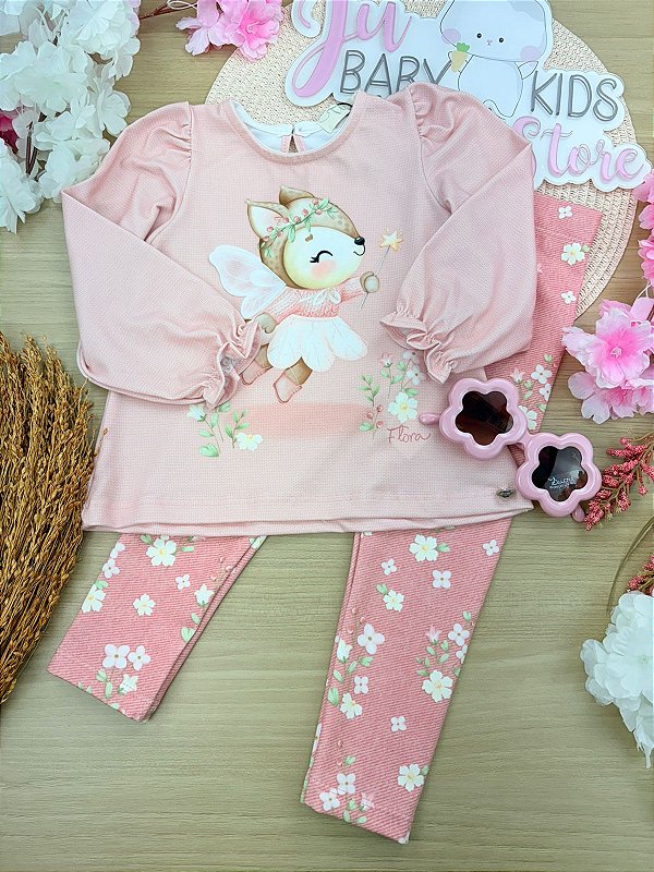 Conjunto de Bata em Malha Fresh com Calça Legging em Molecotton Infanti Bebê Menina