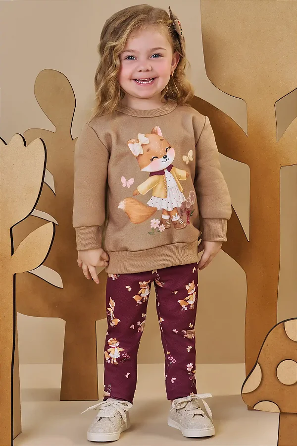 Conjunto de Blusão em Moletom com Pelúcia e Calça Legging em Termoskin Peluciado Infanti Bebê Menina