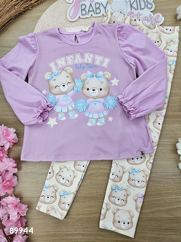 Conjunto de Bata em Cotton com Calça Legging em Molecotton Ursinha Infanti