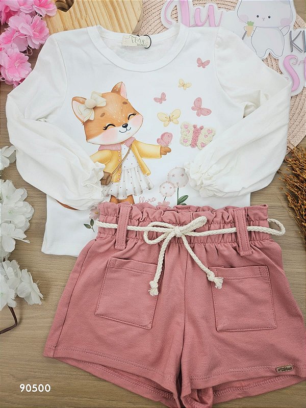 Conjunto De Blusa Em Meia Malha Com Shorts Em Molevisco Off White Infanti