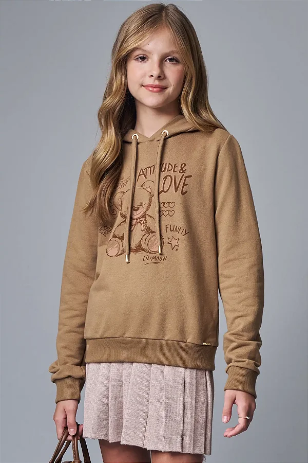 Blusão Com Capuz Em Moletom Sem Pelúcia Bege Escuro Lilimoon