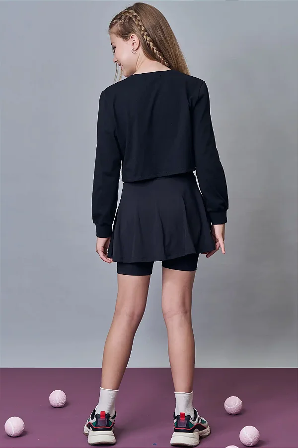 Blusa Cropped Manga Longa E Saia Preto Lilimoon