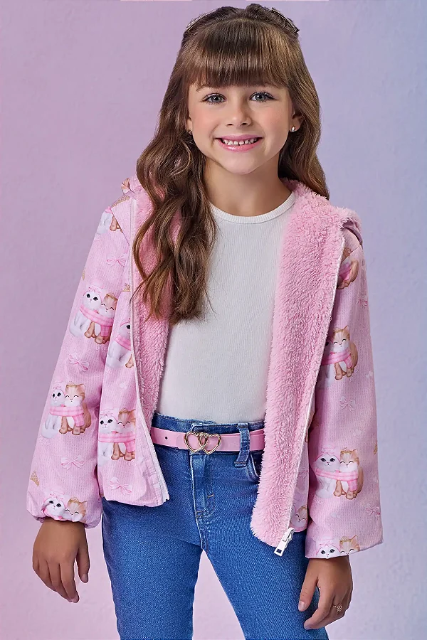 Jaqueta Reversível em Nylon e Pelo Carneirinho Infanti Infantil Menina