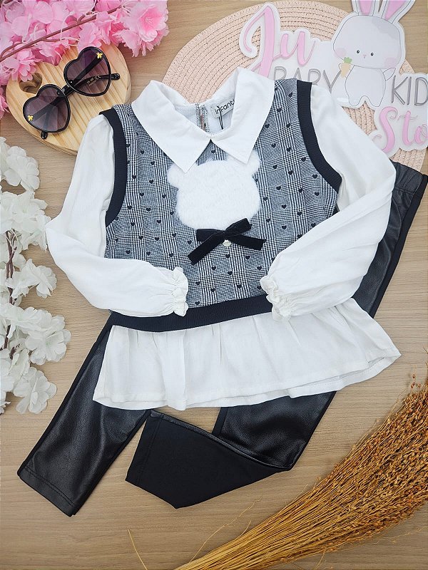 Conjunto de camisa em viscose sarjada e molecotton com calça legging em couro e termoskin