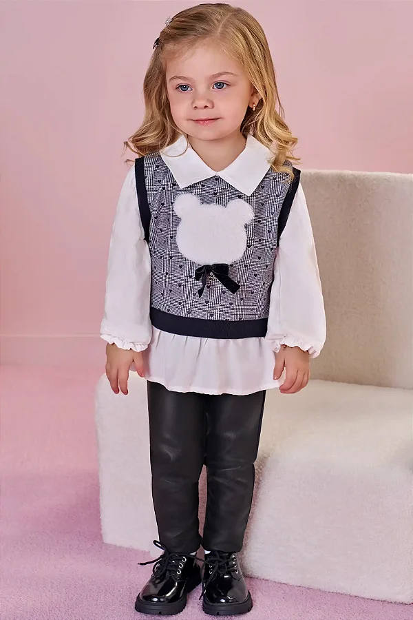 Conjunto de Camisa em Viscose Sarjada e Molecotton com Calça Legging em Couro e Termoskin Infanti Bebê Menina