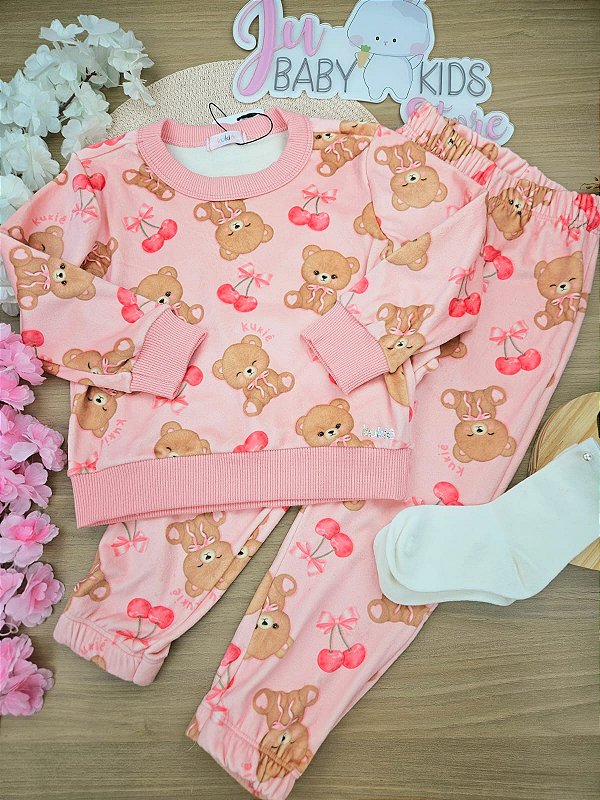 Conjunto De Pijama De Blusao E Calca Em Fleece Luxo Rosa Aloha Kukiê