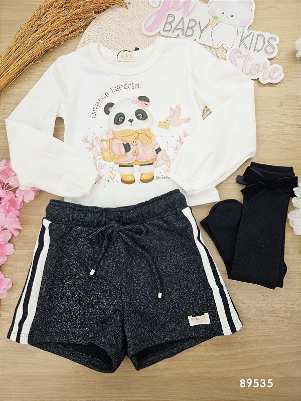 Conjunto de Blusa Boxy em Meia Malha e Shorts em Moletom Rajado sem Pelúcia Ursinho Kukiê