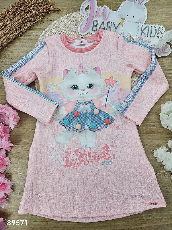 Vestido em Fly Tech Rosa Claro Gatinha com Pompons Kukiê