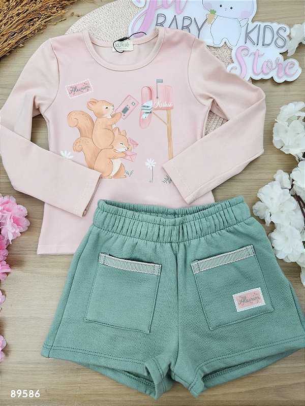 Conjunto de Blusa em Cotton e Shorts em Moletom com Pelúcia Esquilinho Kukiê