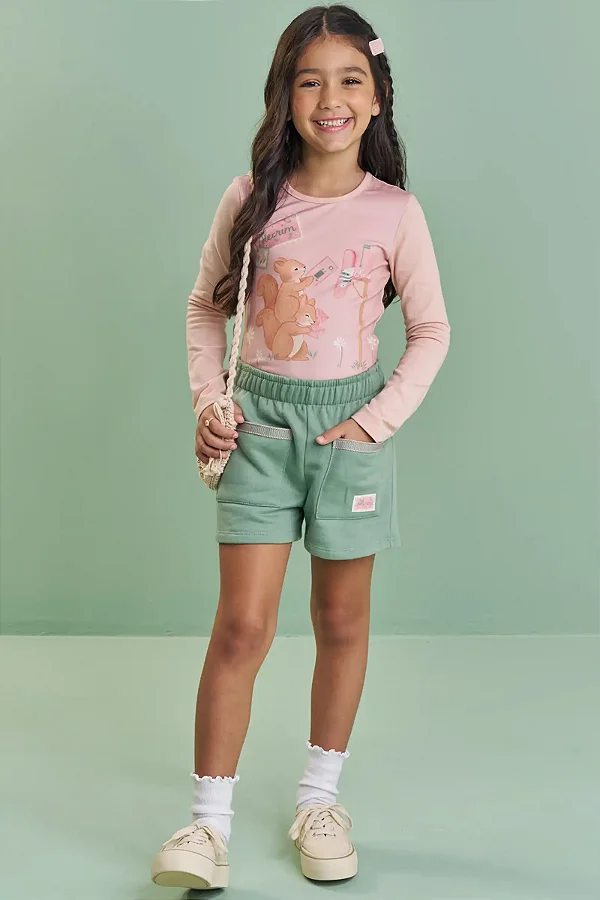 Conjunto Blusa Manga Longa E Short Verde Abacate Kukiê