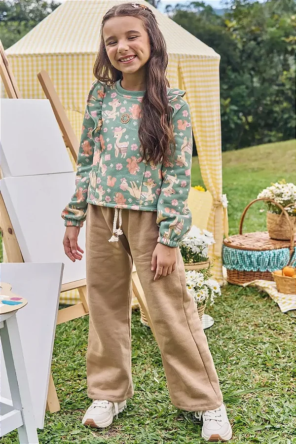 Conjunto de Blusão Boxy e Calça Wide Leg em Moletom com Pelúcia Kukiê Infantil Menina