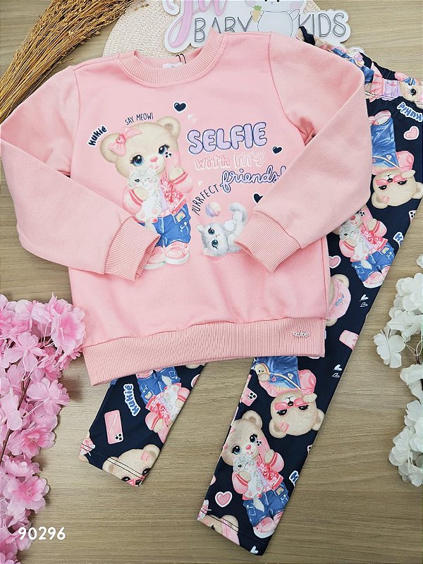 Conjunto de Blusão Alongado em Moletom com Pelúcia e Legging em Termoskin Peluciado Kukiê