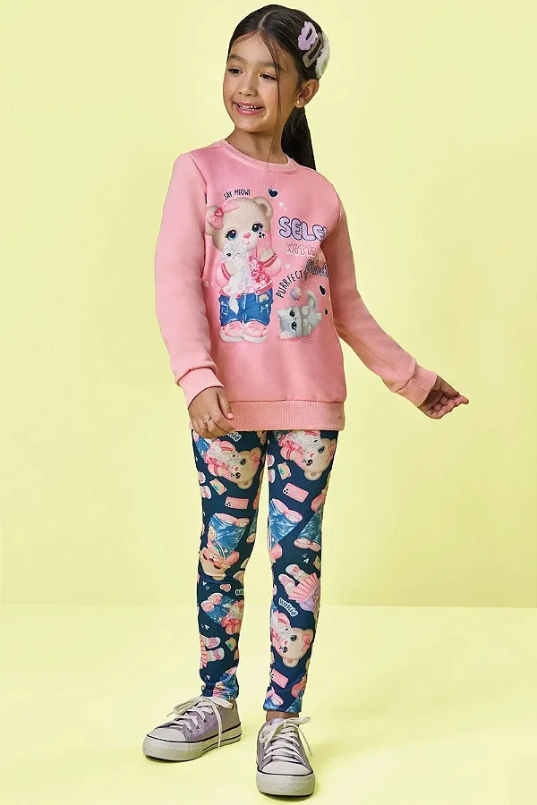 Conjunto de Blusão Alongado em Moletom com Pelúcia e Legging em Termoskin Peluciado Kukiê Infantil Menina