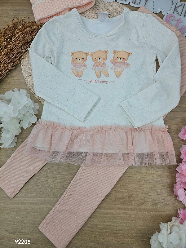 Conjunto de Blusa em Malha Power e Calça Legging em Canelado Kukiê Bebê Menina