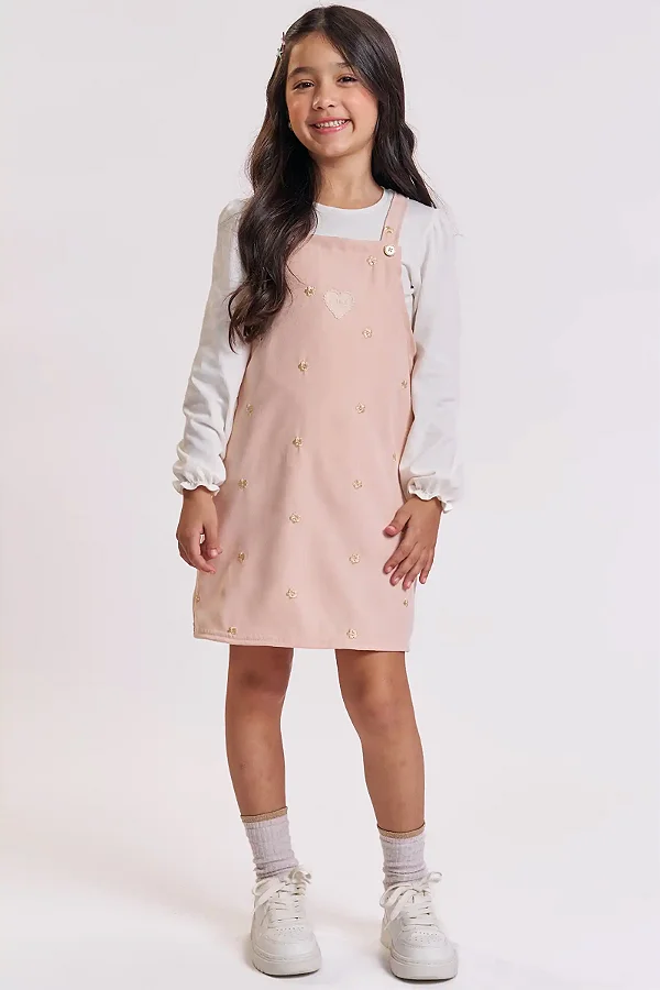 Conjunto de Blusa em Cotton e Salopete em Tecido Twill Bordado Kukiê Infantil Menina