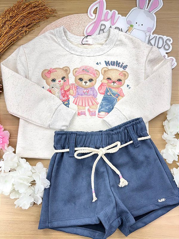 Conjunto de Blusão Boxy em Moletom Linho sem Pelúcia e Short em Scuba Suede Kukiê Infantil Menina