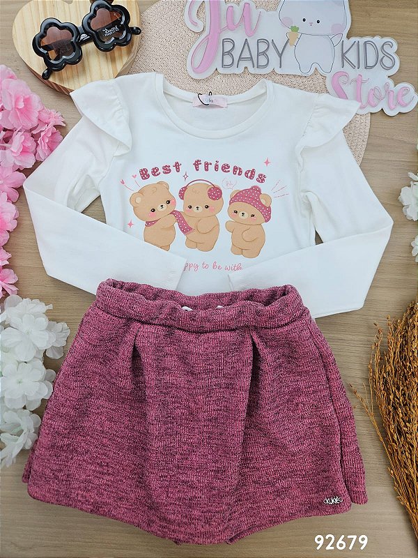 Conjunto de Blusa em Cotton e Short Saia em Malha Shine Kukiê Infantil Menina
