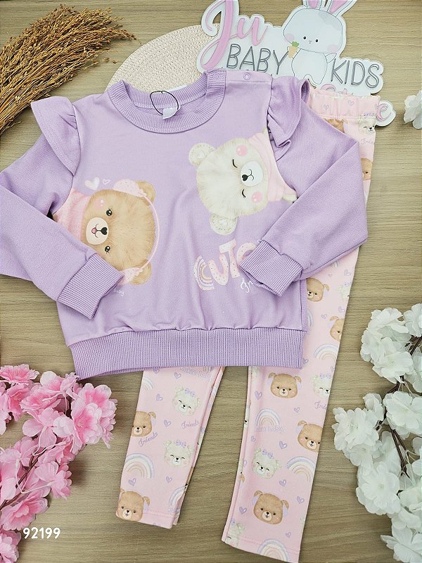 Conjunto de Blusão em Moletom sem Pelúcia e Calça Legging em Canelado Ursinha Kukiê