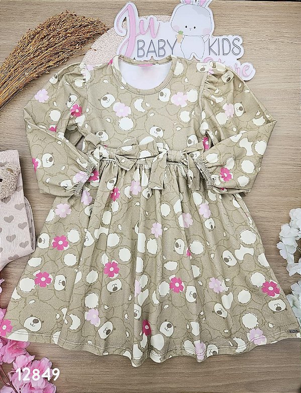 Vestido Manga Longa em Cotton Ursinhos Cinti