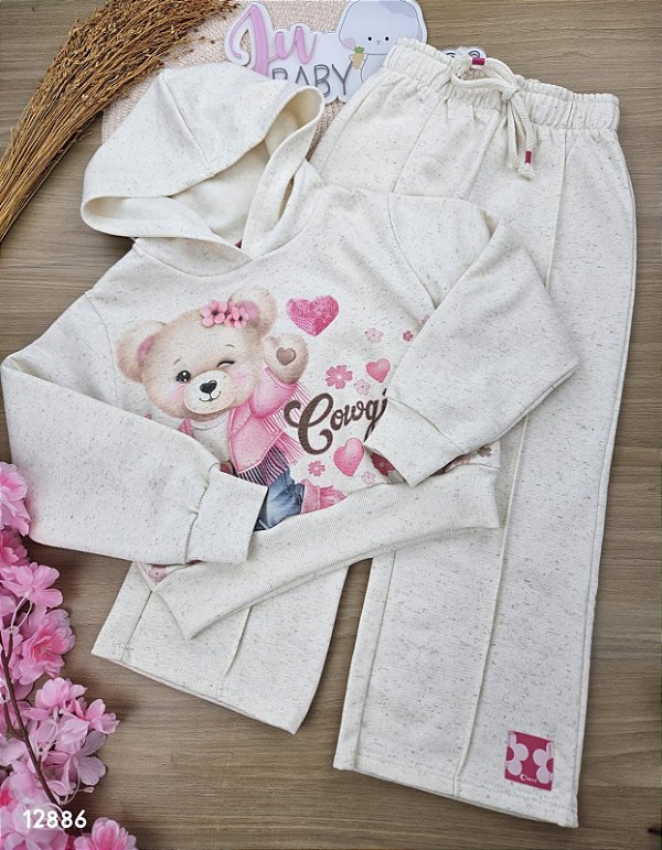 Conjunto de Blusão e Calça de Moletom Peluciado Ursinha Cowgirls Off White Cinti