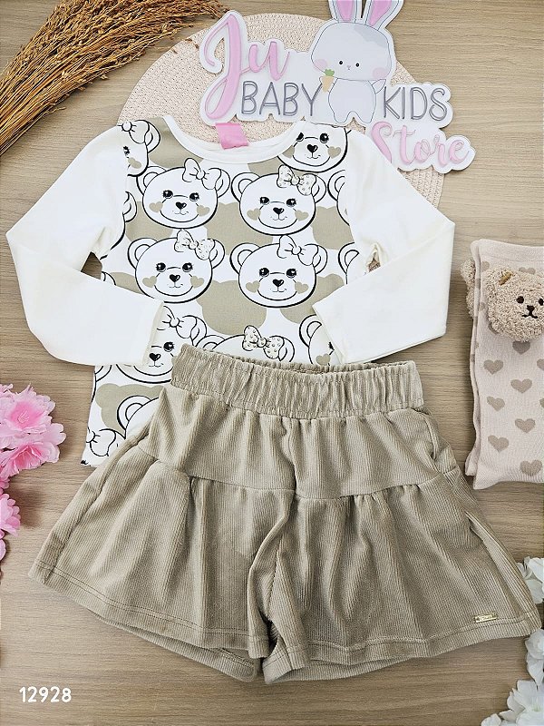 Conjunto de Blusa Manga Longa e Shorts Ursinha com Lacinho Natural/bg Café Cinti