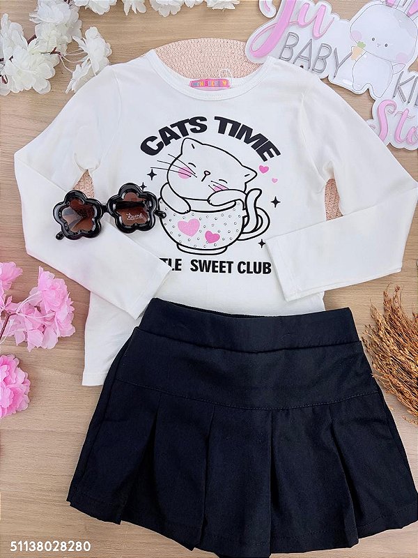 Conjunto Blusa em Cotton Manga Longa e Saia em Sarjinha Mon Sucré