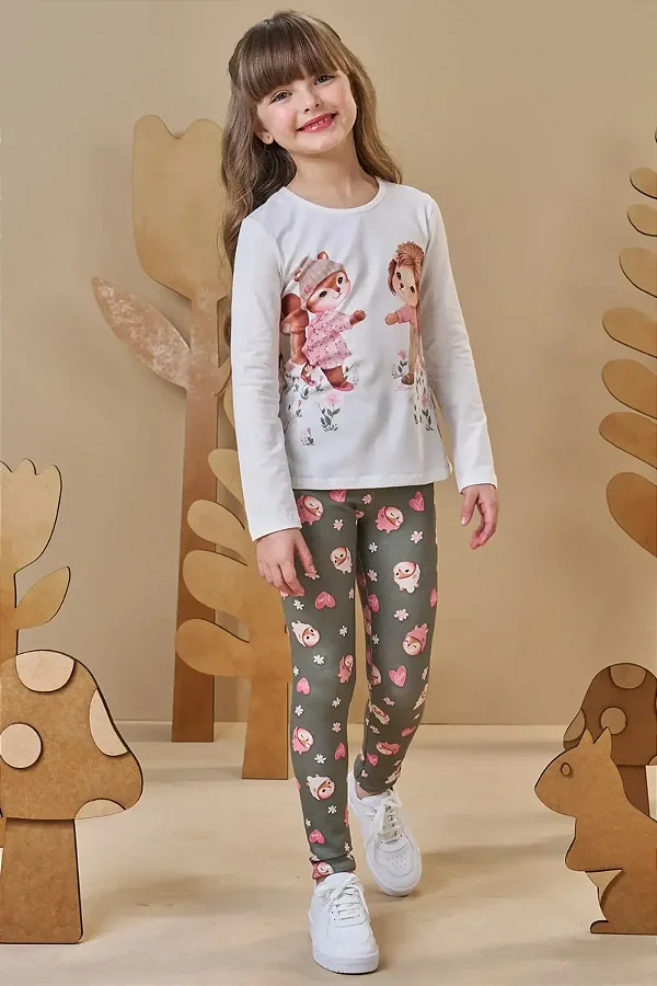 Conjunto de Blusa Alongada em Cotton com Calça Legging em Molecotton Infanti Infantil Menina