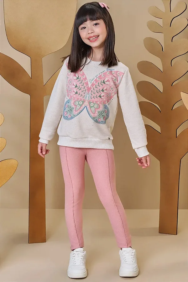 Conjunto de Blusão em Moletom Linho sem Pelúcia com Calça Legging em Molecotton Infanti Infantil Menina