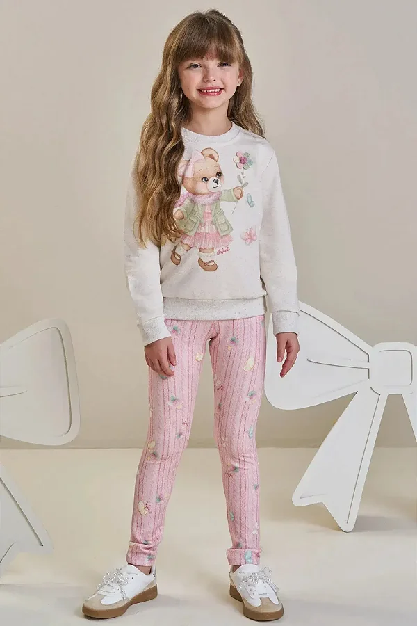 Conjunto de Blusão em Moletom sem Pelúcia e Calça Legging em Fly Tech Infanti Infantil Menina
