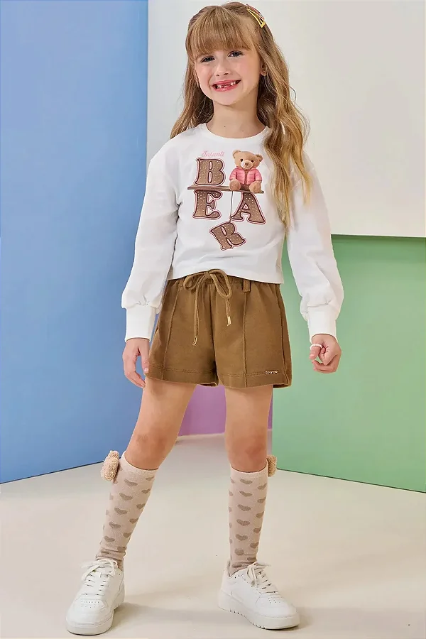 Conjunto de Blusa Boxy em Meia Malha e Shorts em Moletom sem Pelúcia Infanti Infantil Menina