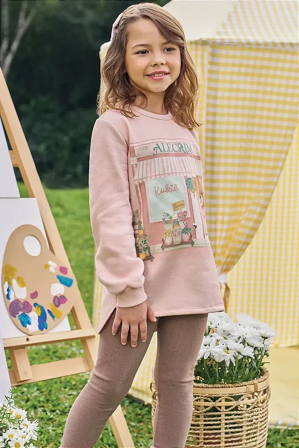 Conjunto de Blusão Alongado em Moletom com Pelúcia e Calça Legging em Canelado Comfy Kukiê Infantil Menina