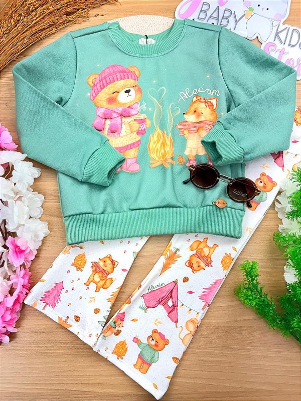 Conjunto de Blusão em Moletom com Pelúcia e Calça Boot Cut em Termoskin Peluciado Kukiê Infantil Menina