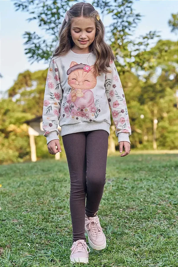 Conjunto de Blusão em Moletom Linho sem Pelúcia e Calça Legging em Canelado Kukiê Infantil Menina